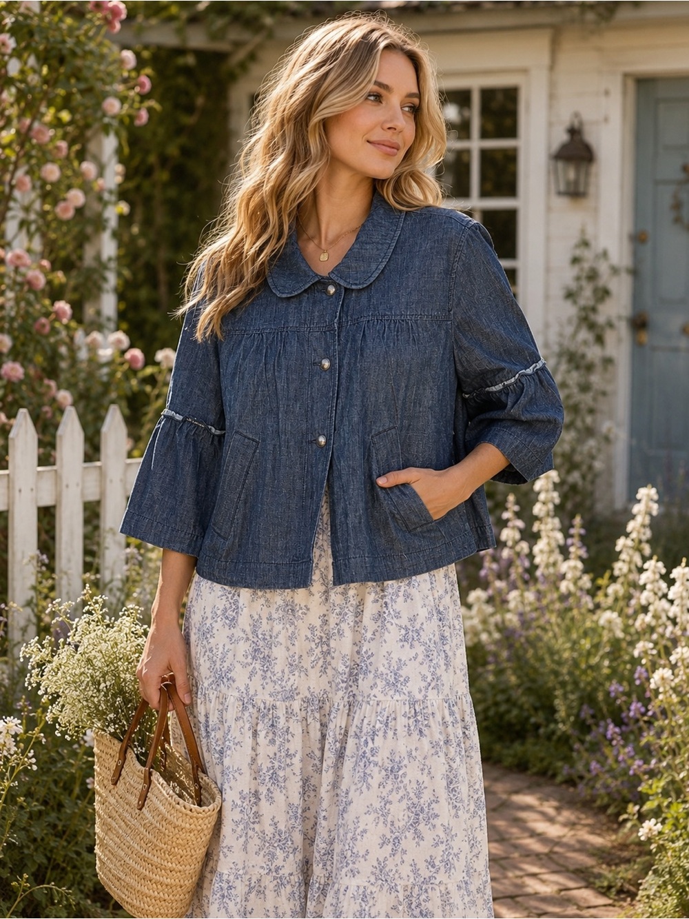 Ann Taylor Dark Wash Denim Jacket Blazer Large Ruffle Sleeve Chambray Jacket